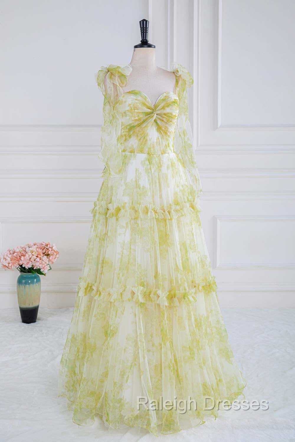 Tie Straps Yellow Floral Print Ruffles Tulle Long Prom Dress