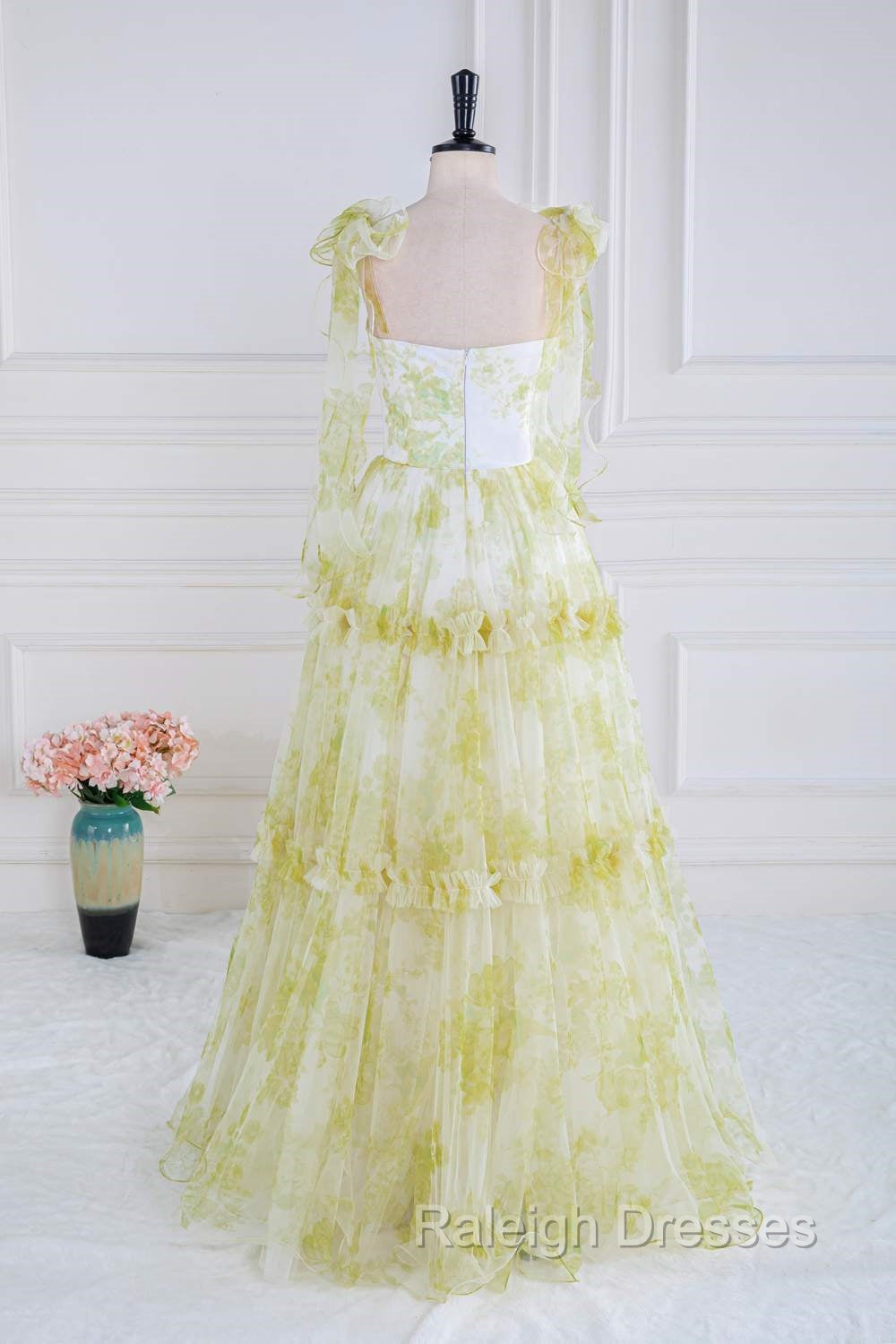 Tie Straps Yellow Floral Print Ruffles Tulle Long Prom Dress