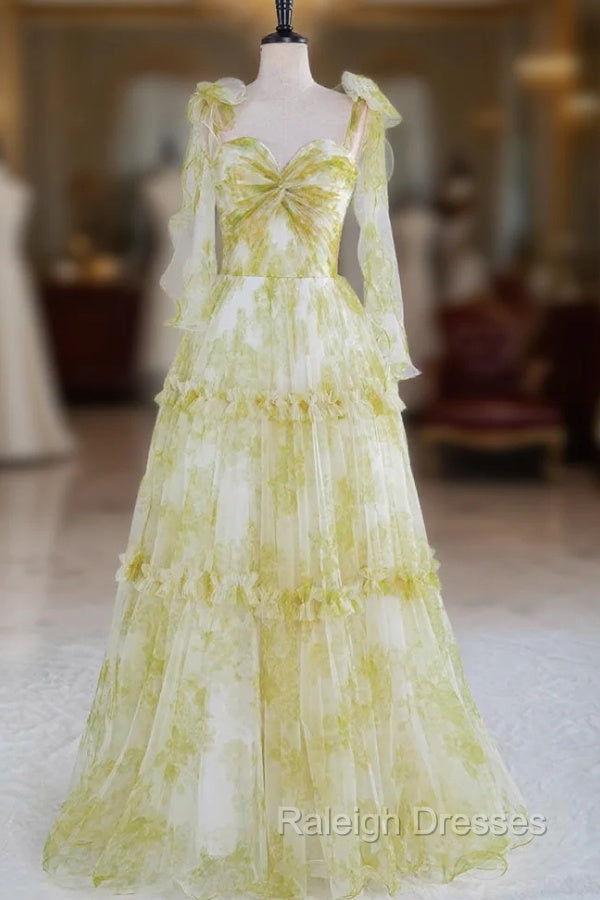 Tie Straps Yellow Floral Print Ruffles Tulle Long Prom Dress