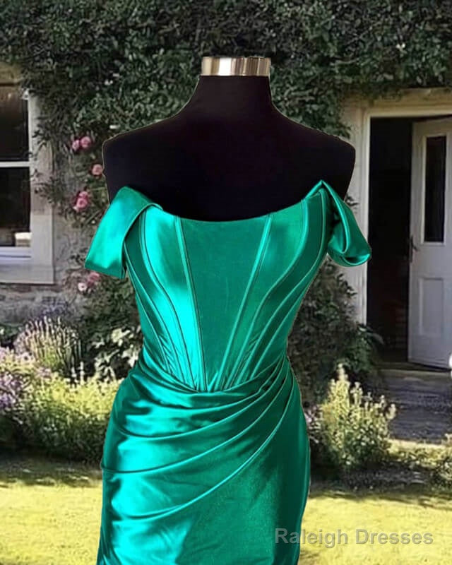 Tight Emerald Green Off-Shoulder Satin Dress Secondary image
