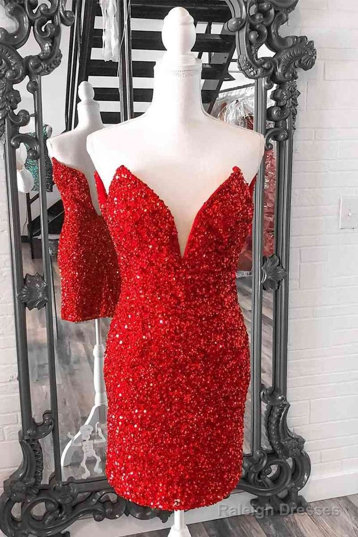 Tight Red Sequins Prom Dresses Strapless V Neck Short Homecoming Dresses Main image