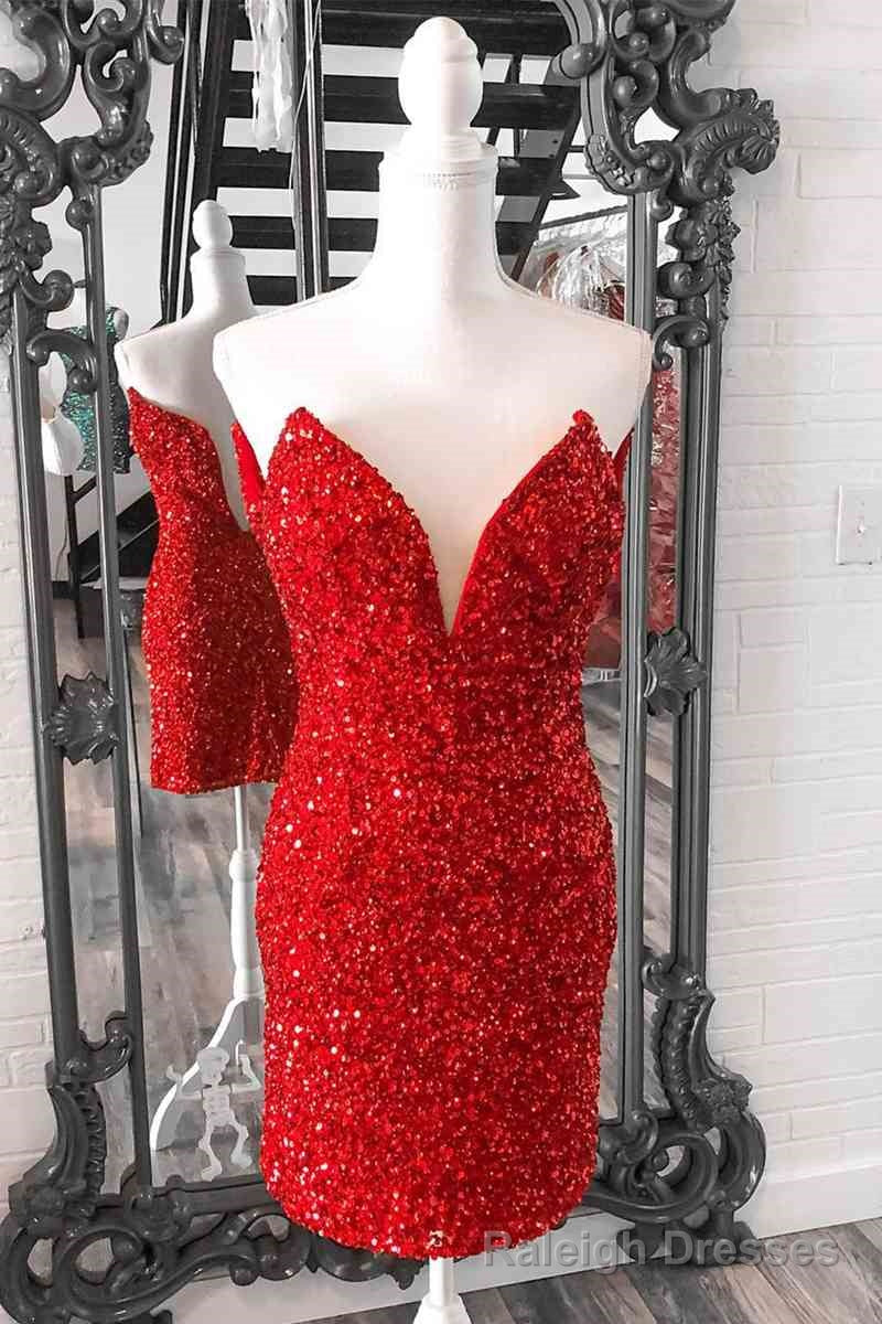 Tight V Neck Red Sequins Short Party Dress,Sparkly Bodycon Dresses Main image