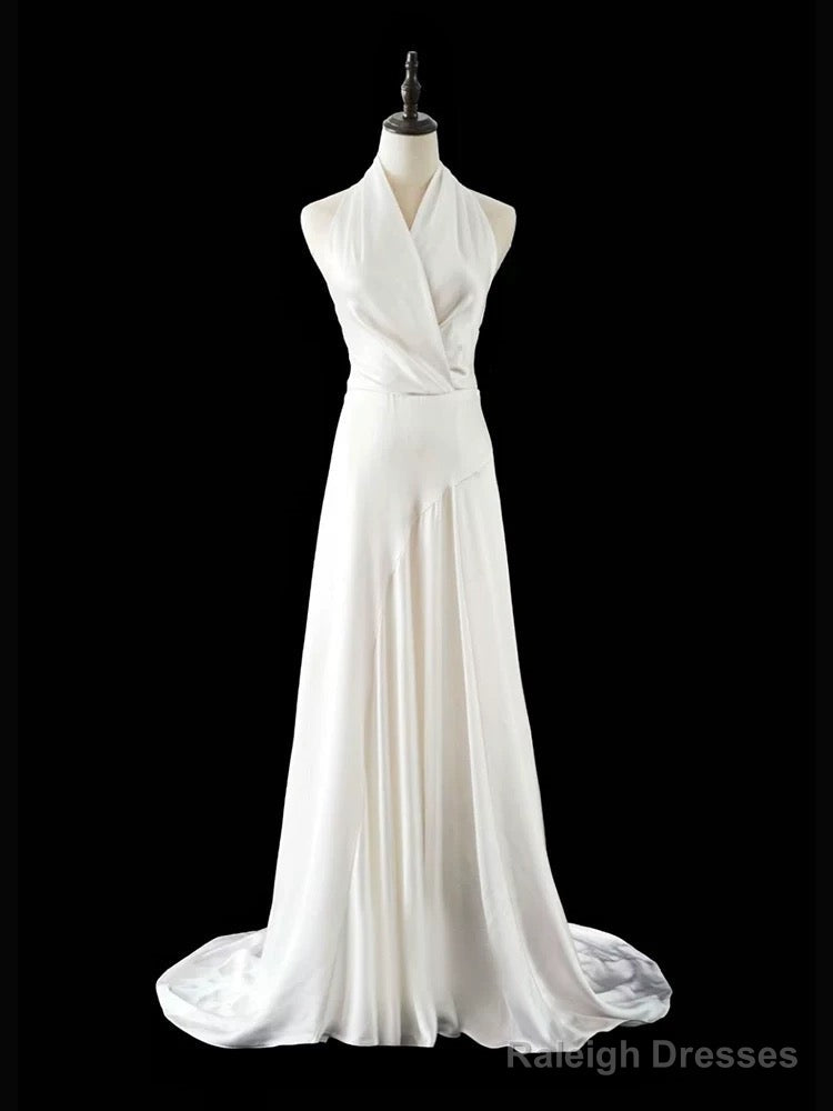 Timeless A-Line Halter Satin White Wedding Dress Brides Dresses