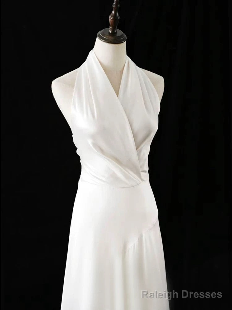 Timeless A-Line Halter Satin White Wedding Dress Brides Dresses