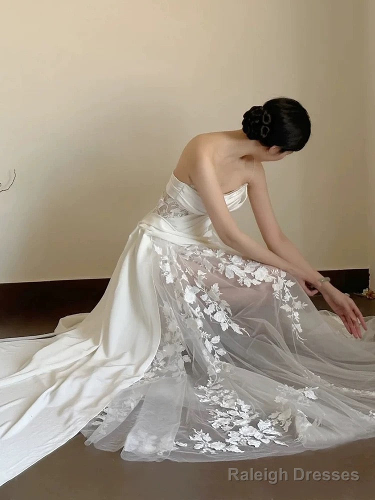 Timeless A-Line One Shoulder Lace Satin White Wedding Dress Brides Dresses