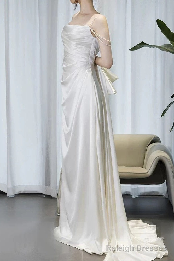 Timeless A Line Spaghetti Straps White Satin Long Wedding Dresses