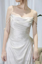 Timeless A-Line Spaghetti Straps White Satin Long Wedding Dress