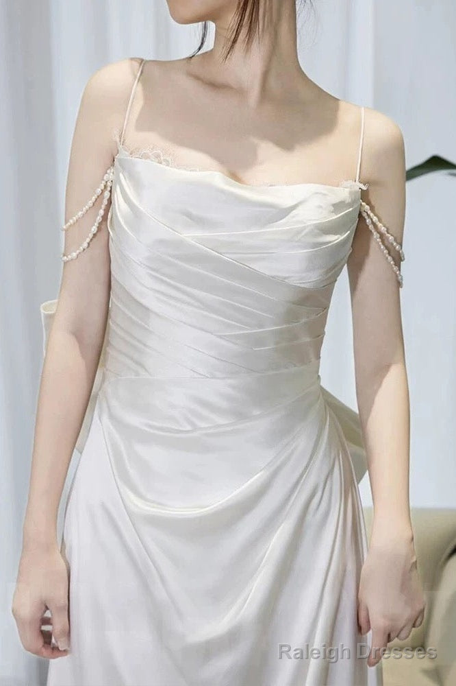Timeless A-Line Spaghetti Straps White Satin Long Wedding Dress