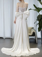 Timeless A Line Spaghetti Straps White Satin Long Wedding Dresses