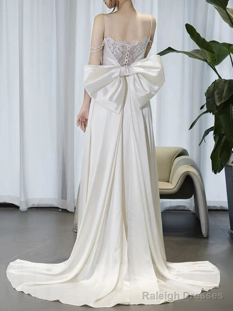 Timeless A Line Spaghetti Straps White Satin Long Wedding Dresses