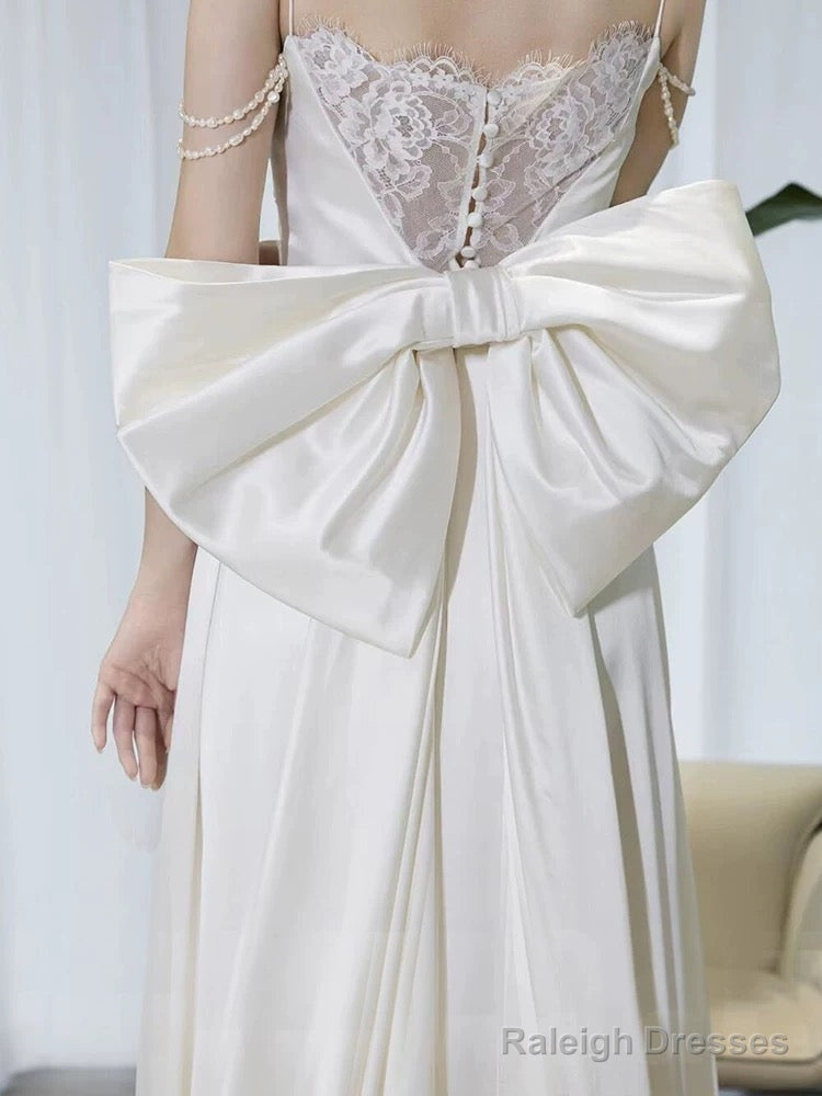 Timeless A-Line Spaghetti Straps White Satin Long Wedding Dress