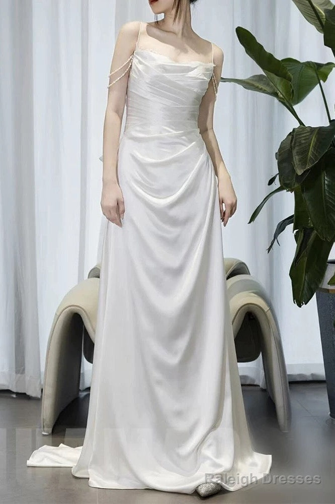 Timeless A-Line Spaghetti Straps White Satin Long Wedding Dress