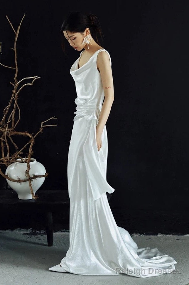 Timeless A-Line Straps White Satin Long Wedding Dress Bridal Dresses