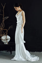 Timeless A-Line Straps White Satin Long Wedding Dress Bridal Dresses