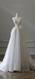 Timeless A Line V Neckline Sequin Sleeveless White Wedding Dresses Brides Dress