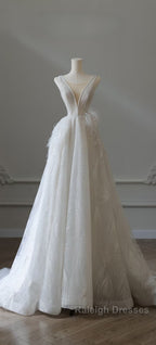 Timeless A-Line V Neckline Sequin Sleeveless White Wedding Dress Brides Dresses