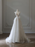 Timeless A-Line V Neckline Sequin Sleeveless White Wedding Dress Brides Dresses