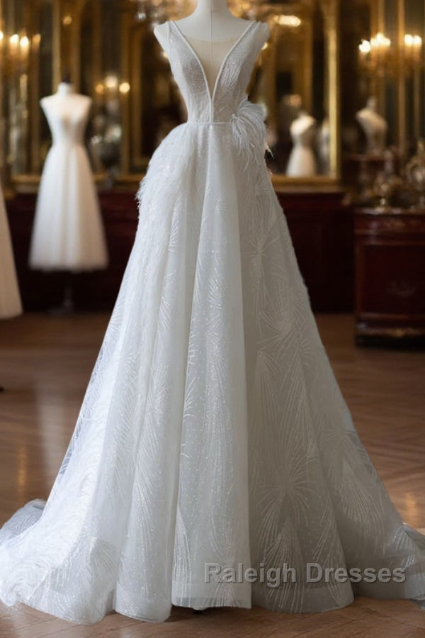 Timeless A-Line V Neckline Sequin Sleeveless White Wedding Dress Brides Dresses