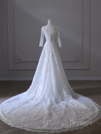 Timeless A-Line V Neckline Tulle White Lace Long Wedding Dresses Bridal Dress