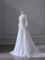 Timeless A-Line V Neckline Tulle White Lace Long Wedding Dresses Bridal Dress