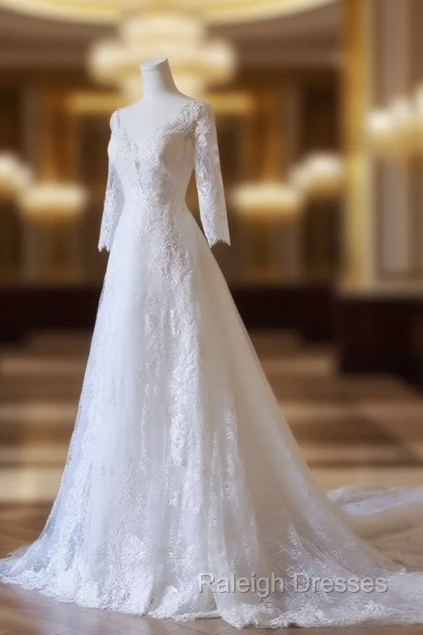 Timeless A-Line V Neckline Tulle White Lace Long Wedding Dresses Bridal Dress Main image