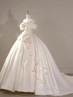 Timeless Ball Gowns Off The Shoulder Short Sleeves Satin White Wedding Dresses Brides Dress