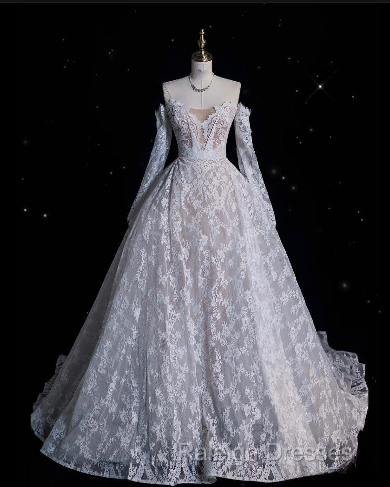 Timeless Ball Gown Off The Shoulder White Lace Long Wedding Dress Bridal Dresses