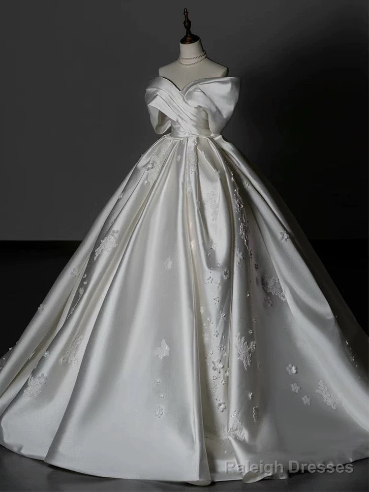 Timeless Ball Gown Off The Shoulder White Satin Long Wedding Dresses Bridal Dress
