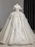 Timeless Ball Gown Sweetheart Short Sleeves Lace White Wedding Dresses Brides Dress