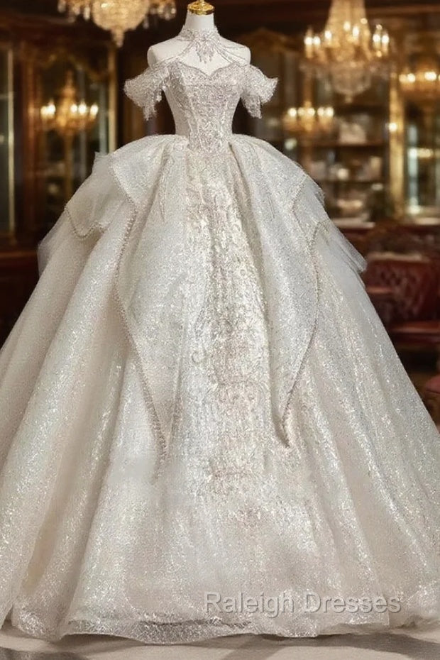 Timeless Ball Gown Sweetheart Short Sleeves Lace White Wedding Dresses Brides Dress Main image