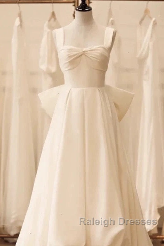 Timeless High Low Square Neckline Long White Satin Wedding Dresses Secondary image