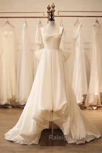 Timeless High Low Square Neckline Long White Satin Wedding Dresses
