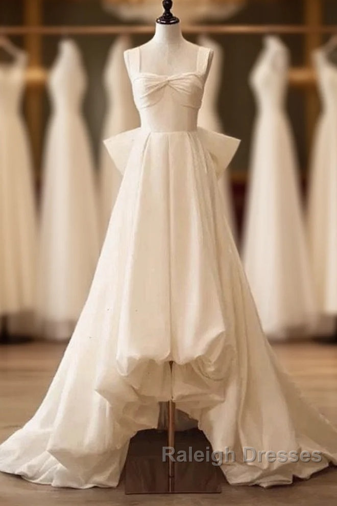 Timeless High Low Square Neckline Long White Satin Wedding Dresses Main image