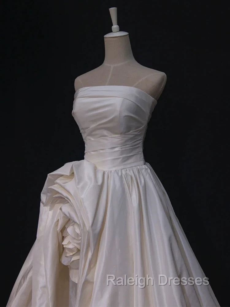 Timeless High Low Strapless Satin Ivory Wedding Dresses Brides Dress