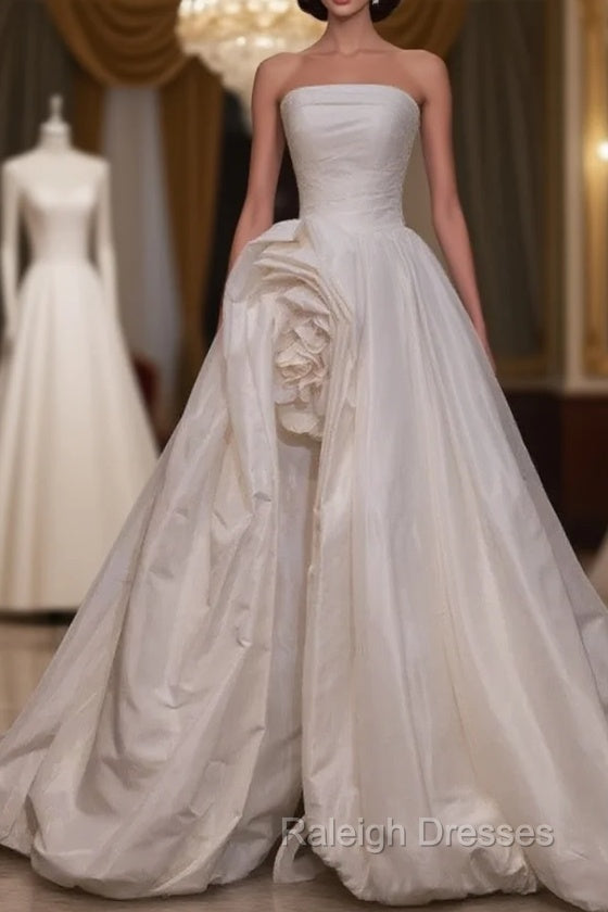 Timeless High Low Strapless Satin Ivory Wedding Dresses Brides Dress