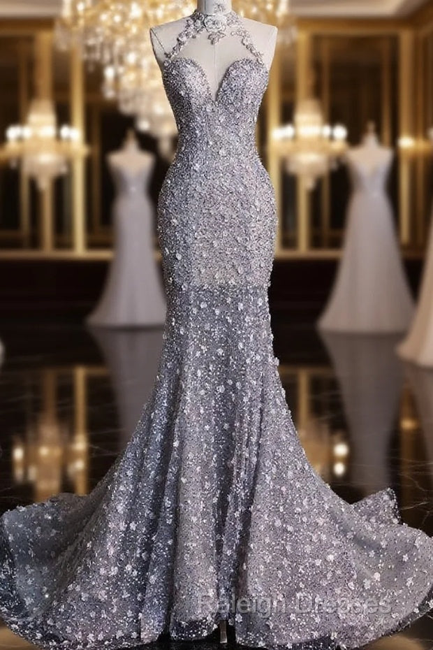 Timeless Mermaid High Neckline Sequin Ruffles Long Wedding Dress Bridal Dresses