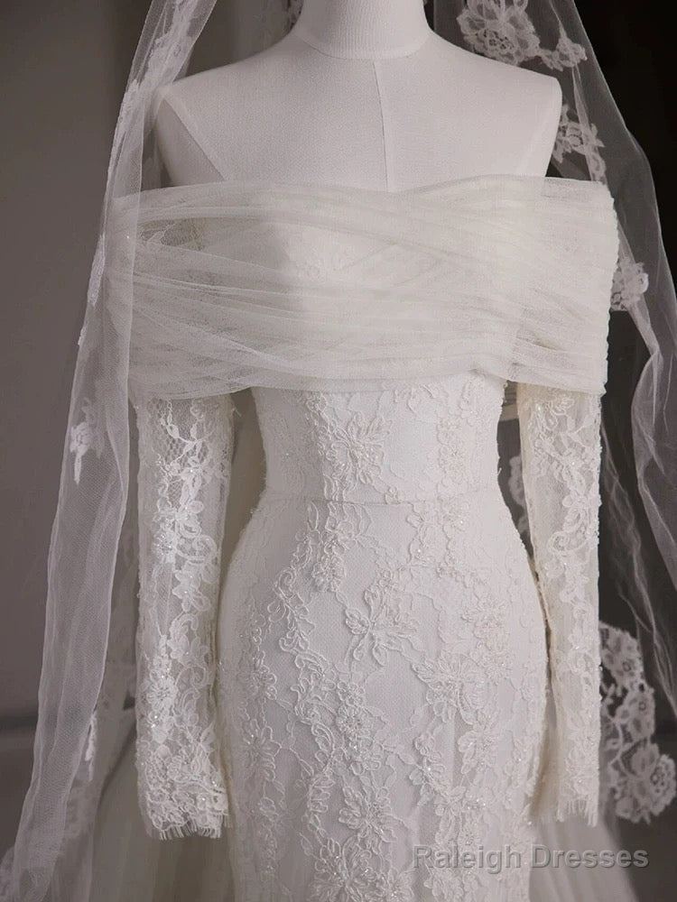 Timeless Mermaid Off The Shoulder Long Sleeves White Lace Wedding Dresses