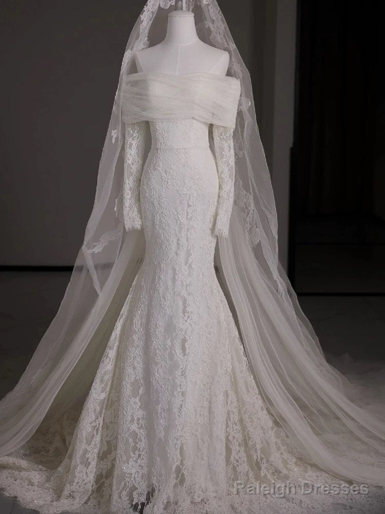Timeless Mermaid Off The Shoulder Long Sleeves White Lace Wedding Dress