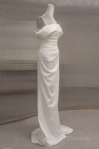 Timeless Mermaid Off The Shoulder Short Sleeves White Satin Wedding Dresses