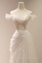 Timeless Mermaid Off The Shoulder Tulle White Wedding Dresses