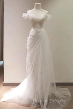 Timeless Mermaid Off The Shoulder Tulle White Wedding Dresses