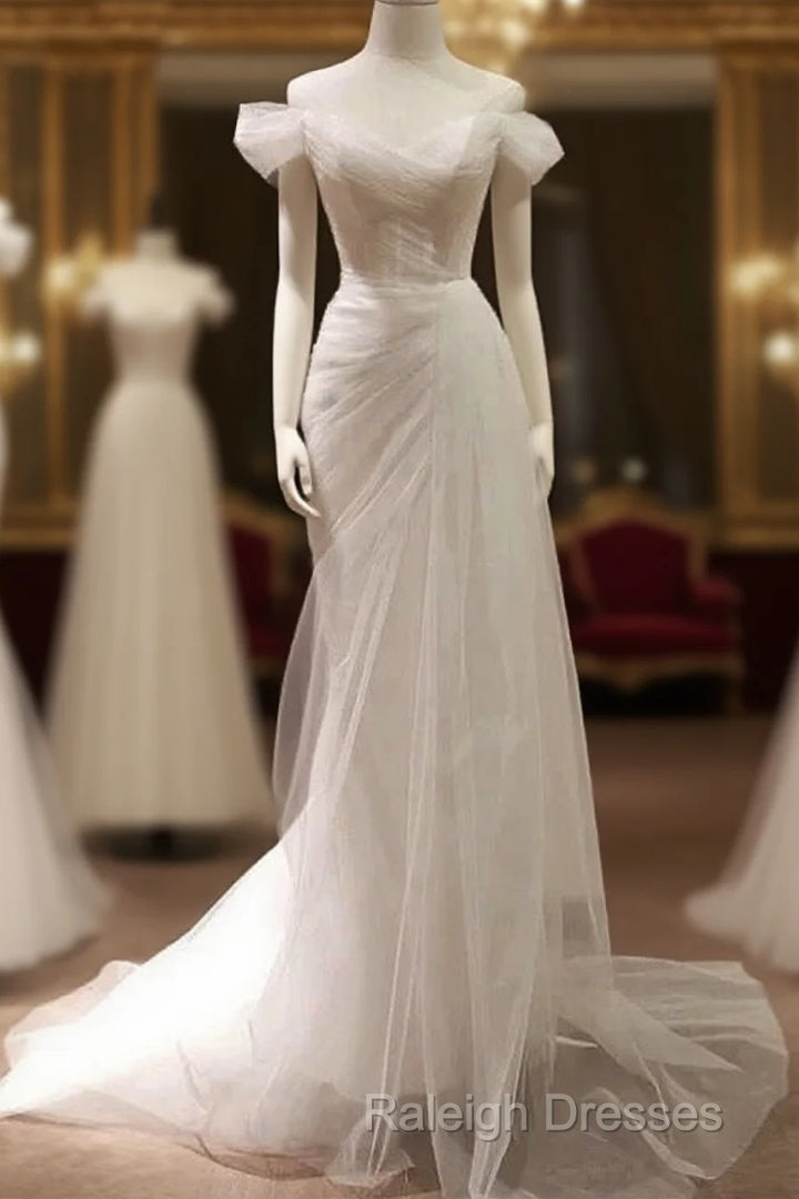 Timeless Mermaid Off The Shoulder Tulle White Wedding Dresses