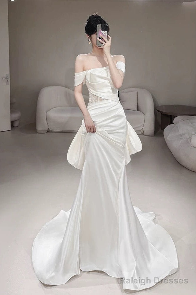 Timeless Mermaid Off The Shoulder White Satin Long Wedding Dresses Bridal Dress