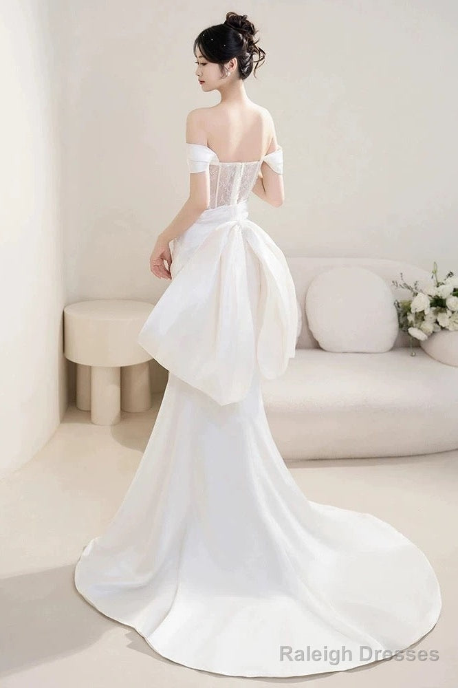 Timeless Mermaid Off The Shoulder White Satin Long Wedding Dresses Bridal Dress
