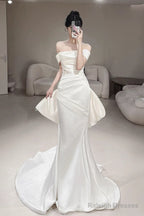 Timeless Mermaid Off The Shoulder White Satin Long Wedding Dress Bridal Dresses