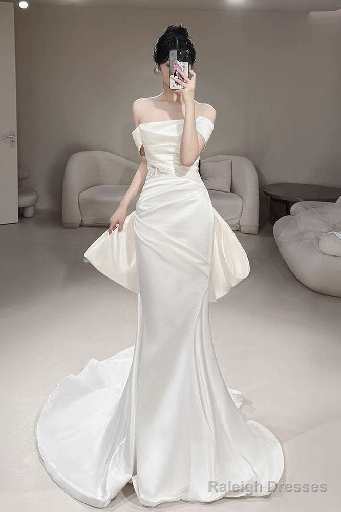 Timeless Mermaid Off The Shoulder White Satin Long Wedding Dress Bridal Dresses