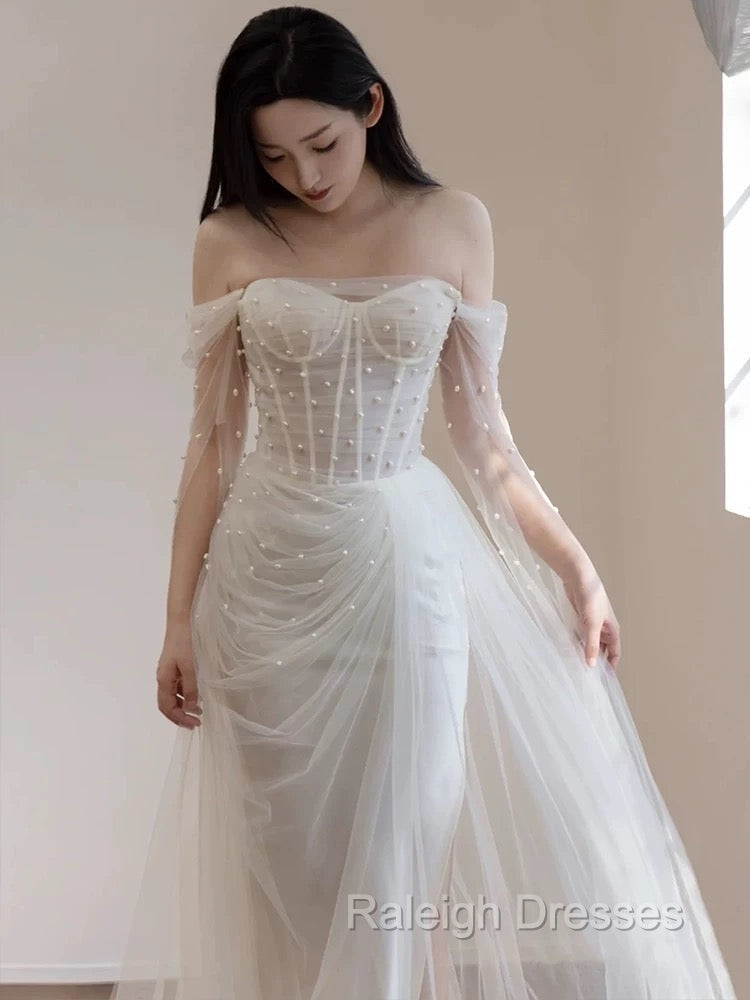 Timeless Mermaid Off The Shoulder White Tulle Long Wedding Dresses Bridal Dress Secondary image