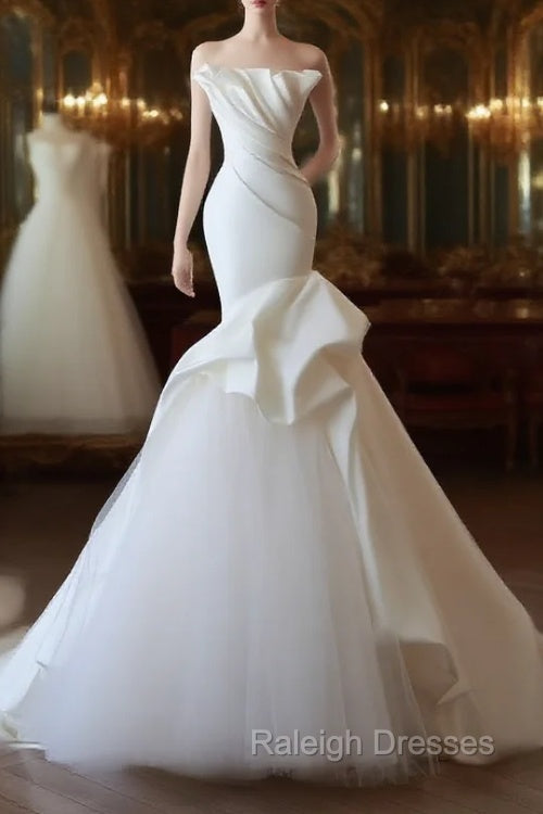 Timeless Mermaid Strapless Satin Ivory Long Wedding Dress Bridal Dresses