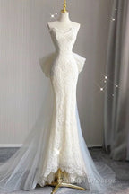 Timeless Mermaid Sweetheart Lace White Satin Wedding Dress