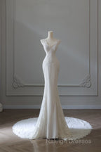Timeless Mermaid V Neckline White Lace Wedding Dresses Bridal Dress